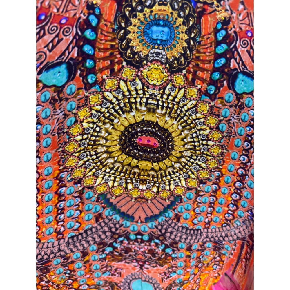 Bohemian Print Kaftan Maxi Dress Purple Yellow Lace Up V-Neck Size S/M - Picture 9 of 12